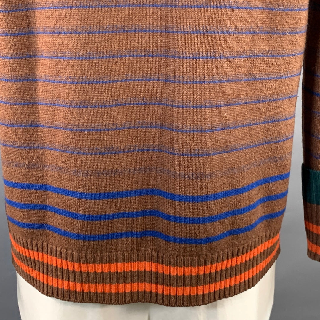 SACAI Size XL Brown Blue Orange Stripe Wool One Pocket Crew Neck Sweater