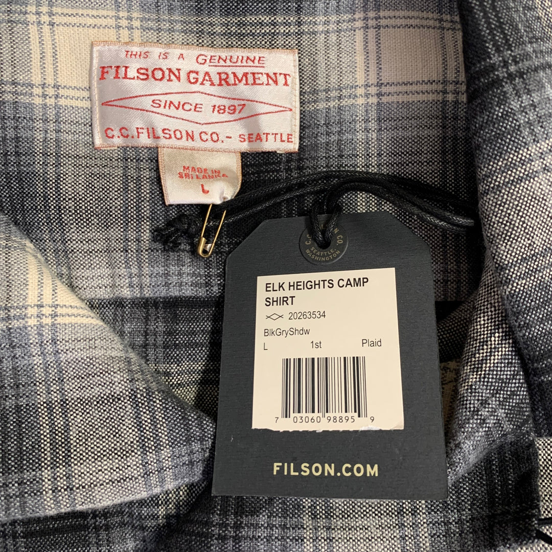FILSON Size L Elk Heights Black Cream Plaid Cotton Two Pockets Long Sleeve Overshirt