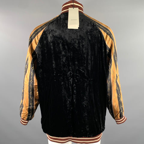 GUCCI Size L Black Gold Burgundy Chain Print Viscose Silk Track Jacket