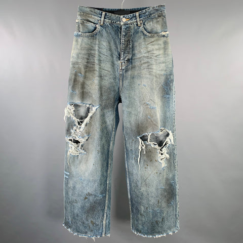 BALENCIAGA SS23 Size XS -Super Destroyed- Blue Grey Denim Drop Crotch Jeans