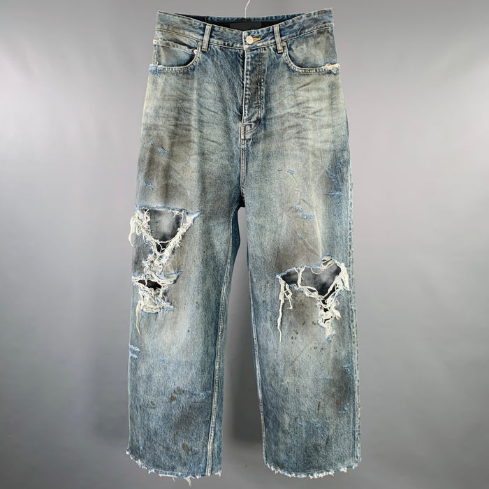 BALENCIAGA SS23 Size XS -Super Destroyed- Blue Grey Denim Drop Crotch Jeans