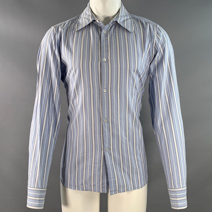 PRADA Size M Blue White Brown Stripe Jacquard Cotton Blend Long Sleeve Shirt