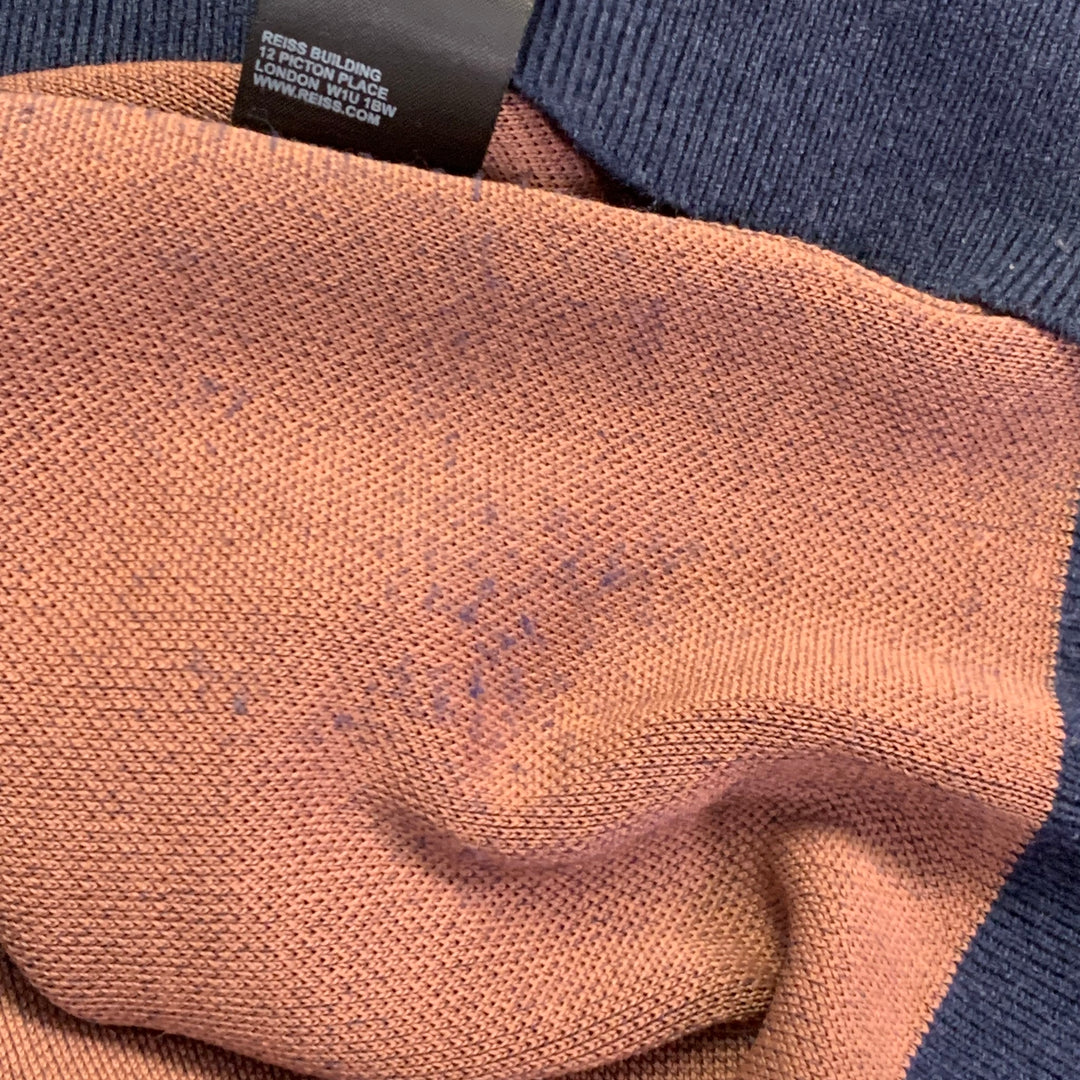 REISS Size S Kade Navy Copper Lines Viscose Blend Zip Up Polo