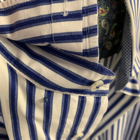 LUCHIANO VISCONTI Size XL White Blue Stripe Cotton Button Up Long Sleeve Shirt