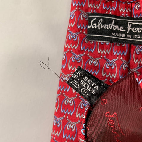 SALVATORE FERRAGAMO Red Blue Owls Silk Tie