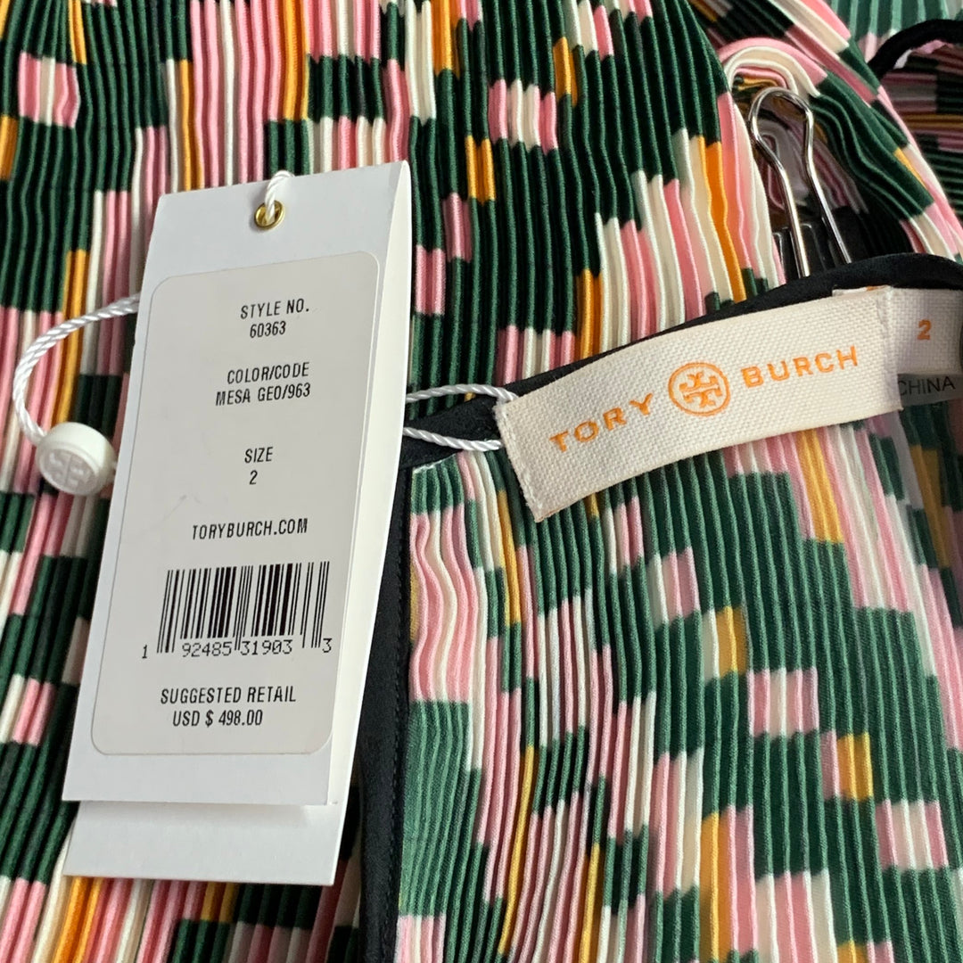 TORY BURCH Size 2 Green Pink Yellow Polyester Geometric Pleated Blouse