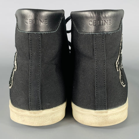 CELINE Size 10 Black White Applique Canvas High Top Sneakers