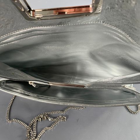 ROGER VIVIER Metallic Silver Textured Leather Clutch Handbag