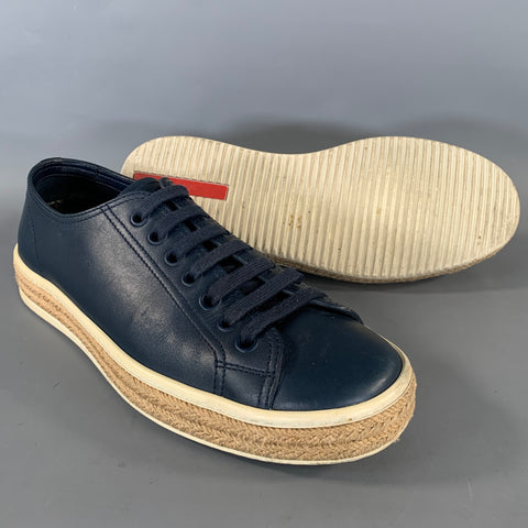 PRADA Size 7 Navy Beige Leather Espadrille Sneakers