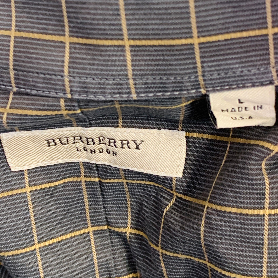 BURBERRY LONDON Size L Grey Mustard Window Pane Cotton Long Sleeve Shirt