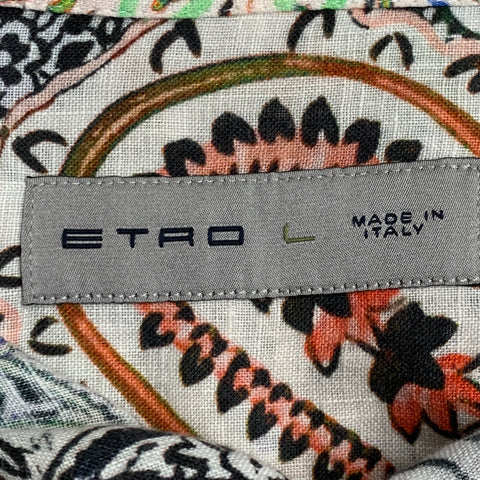 ETRO Size L White Abstract Floral Linen Cutaway Long Sleeve Shirt