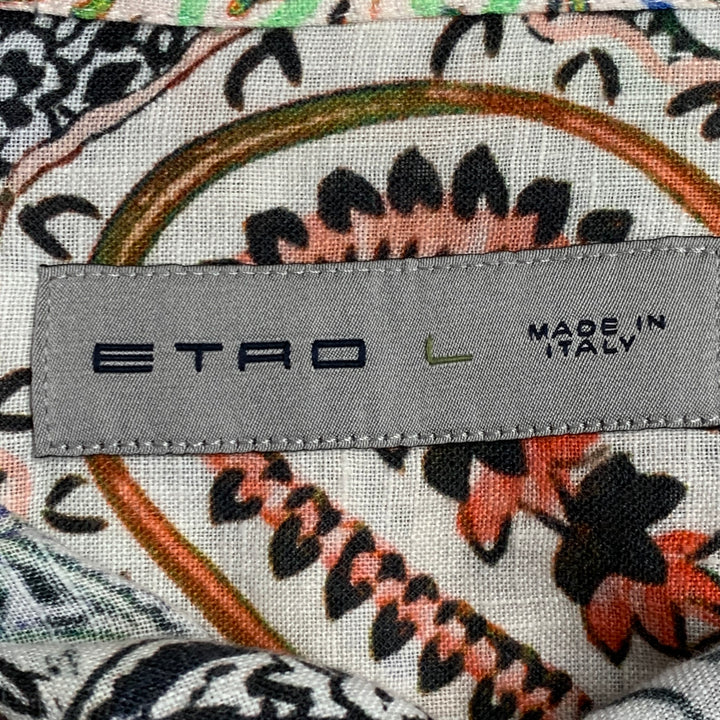 ETRO Size L White Abstract Floral Linen Cutaway Long Sleeve Shirt