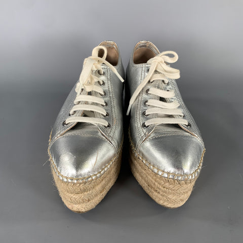 MIU MIU Size 8 Silver Espadrille Platform Sneakers