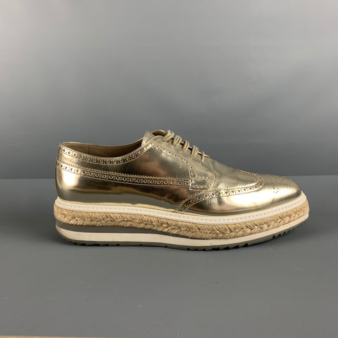 PRADA Size 10 Gold Perforated Leather Platform Lace-Up Shoes