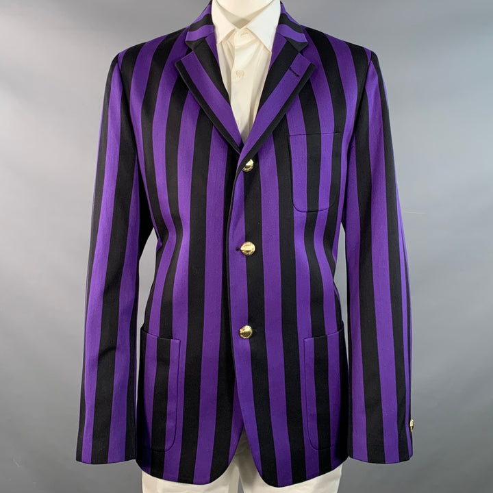 ROWING BLAZERS Size 46 Long Black Purple Stripe Cotton Wool Sport Coat