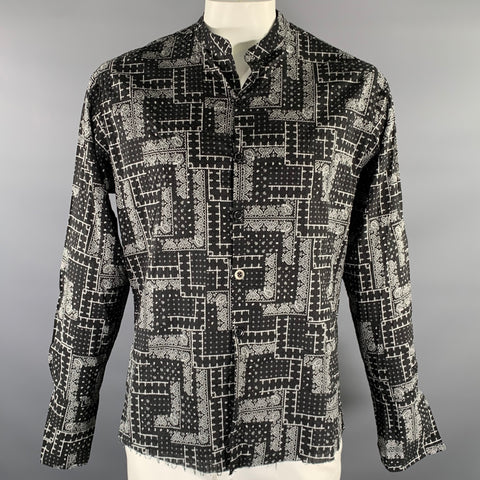 GREG LAUREN Size L Black White Bandana Cotton Band Collar Long Sleeve Shirt