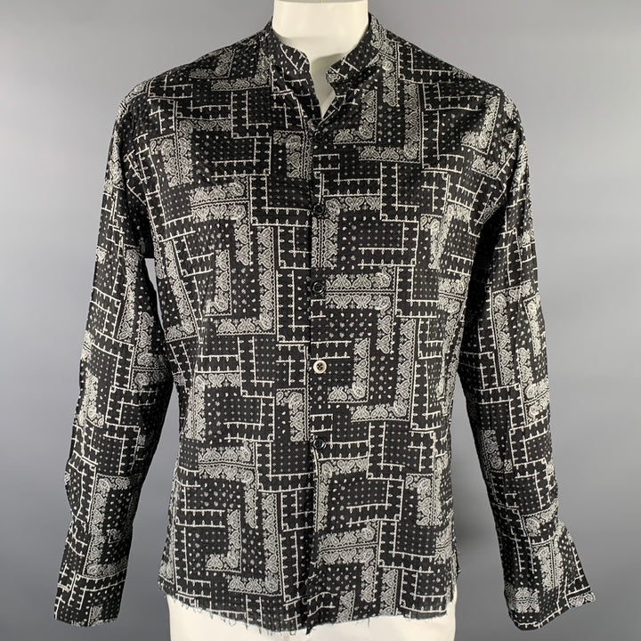 GREG LAUREN Size L Black White Bandana Cotton Band Collar Long Sleeve Shirt
