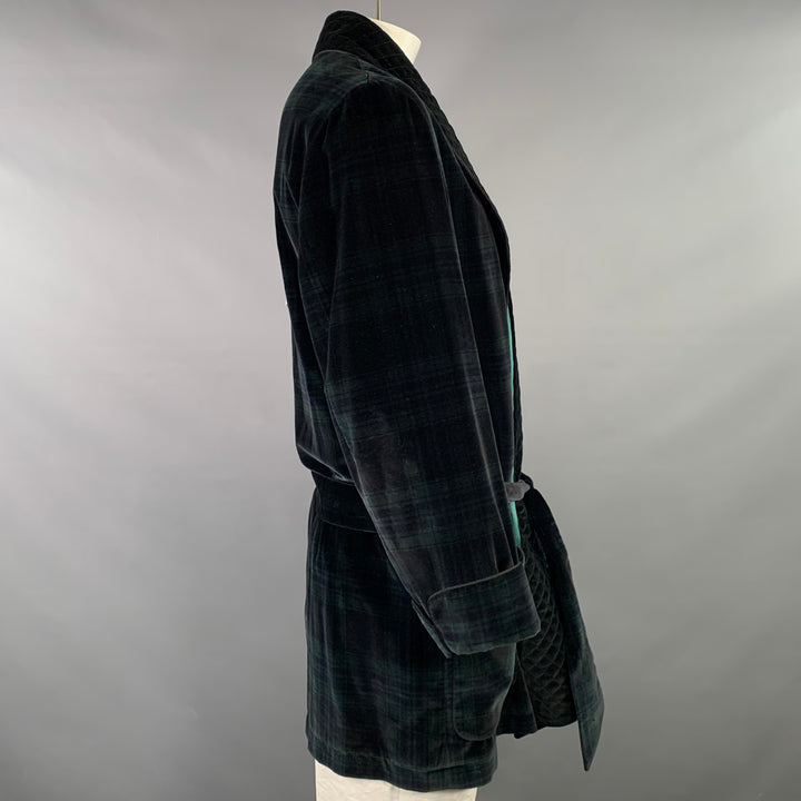 BROOKS BROTHERS Size XL Black Dark Green Blackwatch Plaid Velvet Smoking Jacket