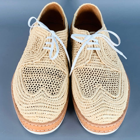 ROBERT CLERGERIE Size 8 Natural Woven Raffia Lace-Up Shoes