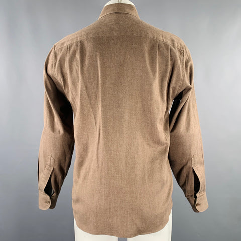 ERMENEGILDO ZEGNA Size S Brown Herringbone Cotton One Pocket Long Sleeve Shirt