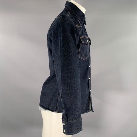 IRON HEART Size S Navy Indigo Contrast Stitch Denim Snaps Long Sleeve Shirt