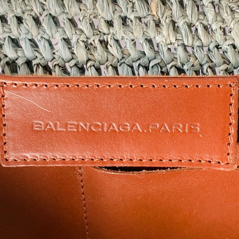 BALENCIAGA Green Brown Woven Raffia Oversized Tote Handbag