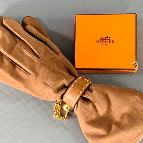 HERMES Tan Gold Chain Link Leather Glove Holder Ring