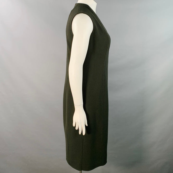AKRIS Size 12 Dark Green Wool Crepe Sleeveless V-Neck Midi Dress