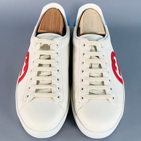 GUCCI Size 8.5 White Red Blue Logo Leather Suede Sneakers