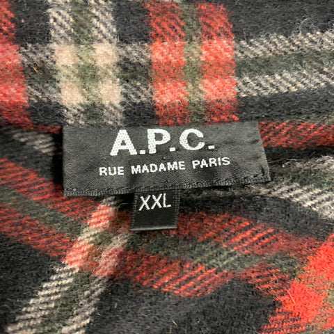 A.P.C. Size XXL Black Red Plaid Wool Blend One Pocket Long Sleeve Shirt