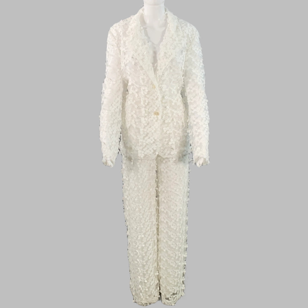 CYNTHIA ROWLEY Size M White Polyester Lace Peak Lapel Pantsuit