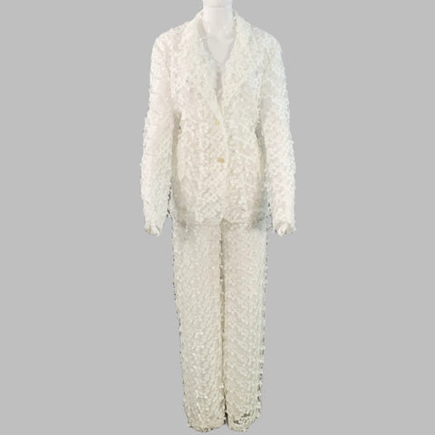 CYNTHIA ROWLEY Size M White Polyester Lace Peak Lapel Pantsuit