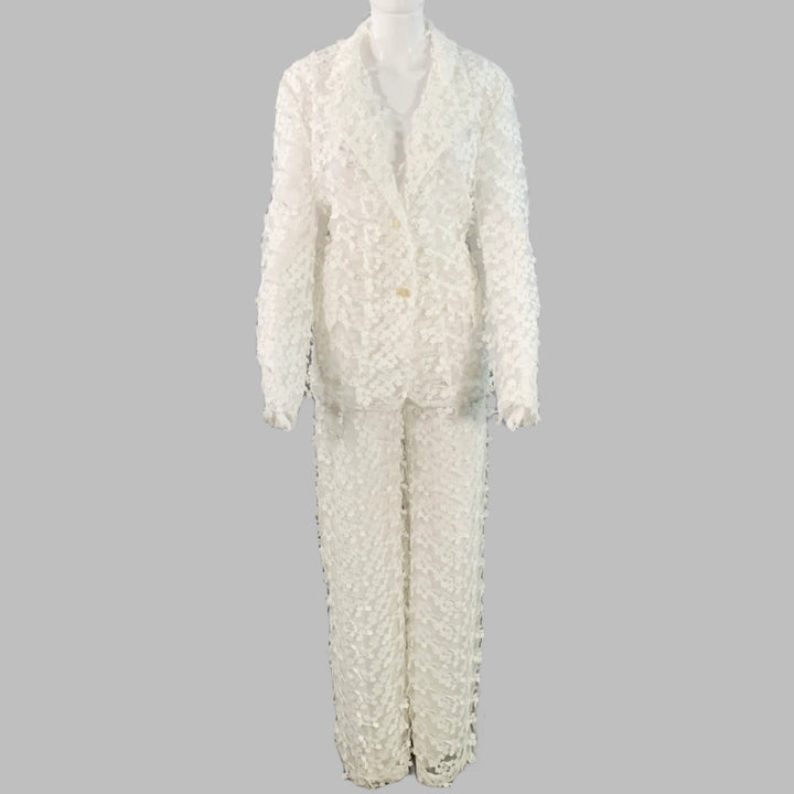 CYNTHIA ROWLEY Size M White Polyester Lace Peak Lapel Pantsuit