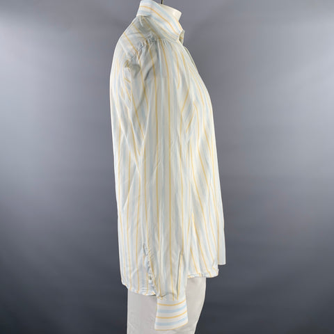 ISAIA Size XL White Blue Yellow Stripe Cotton Pointed Collar Long Sleeve Shirt