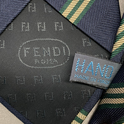 FENDI Navy Gold Diagonal Stripe Silk Tie