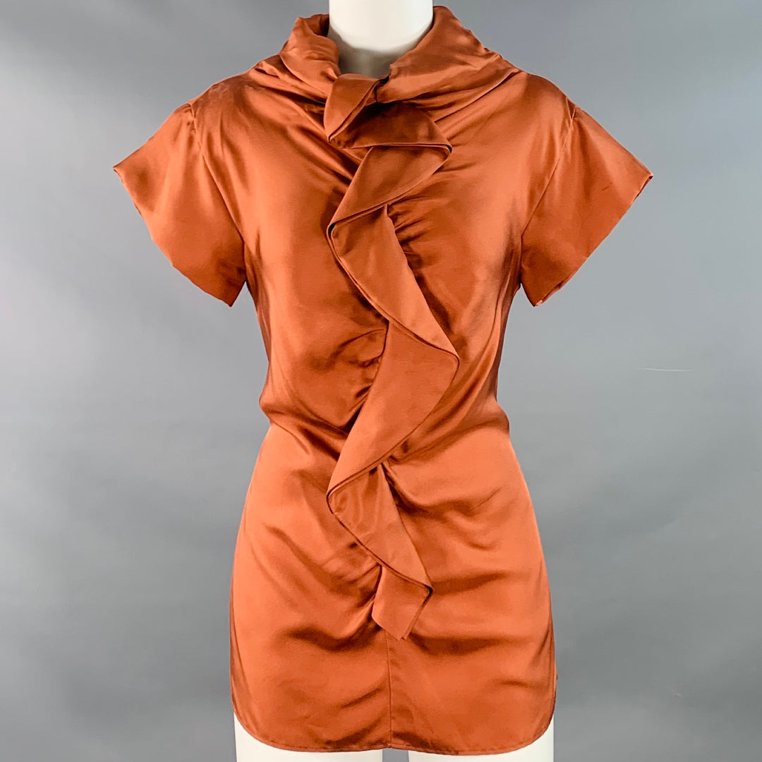 HUGO BOSS Size 4 Brown Copper Silk Ruffled Short Sleeve Blouse