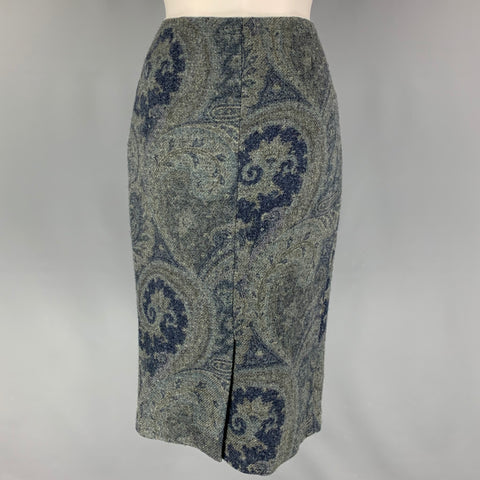 RALPH LAUREN Size 4 Blue Grey Wool Paisley Pencil Below Knee Skirt