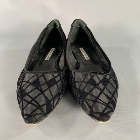 MANOLO BLAHNIK Size 9 Black Velvet Geometric Pointed Toe Flats