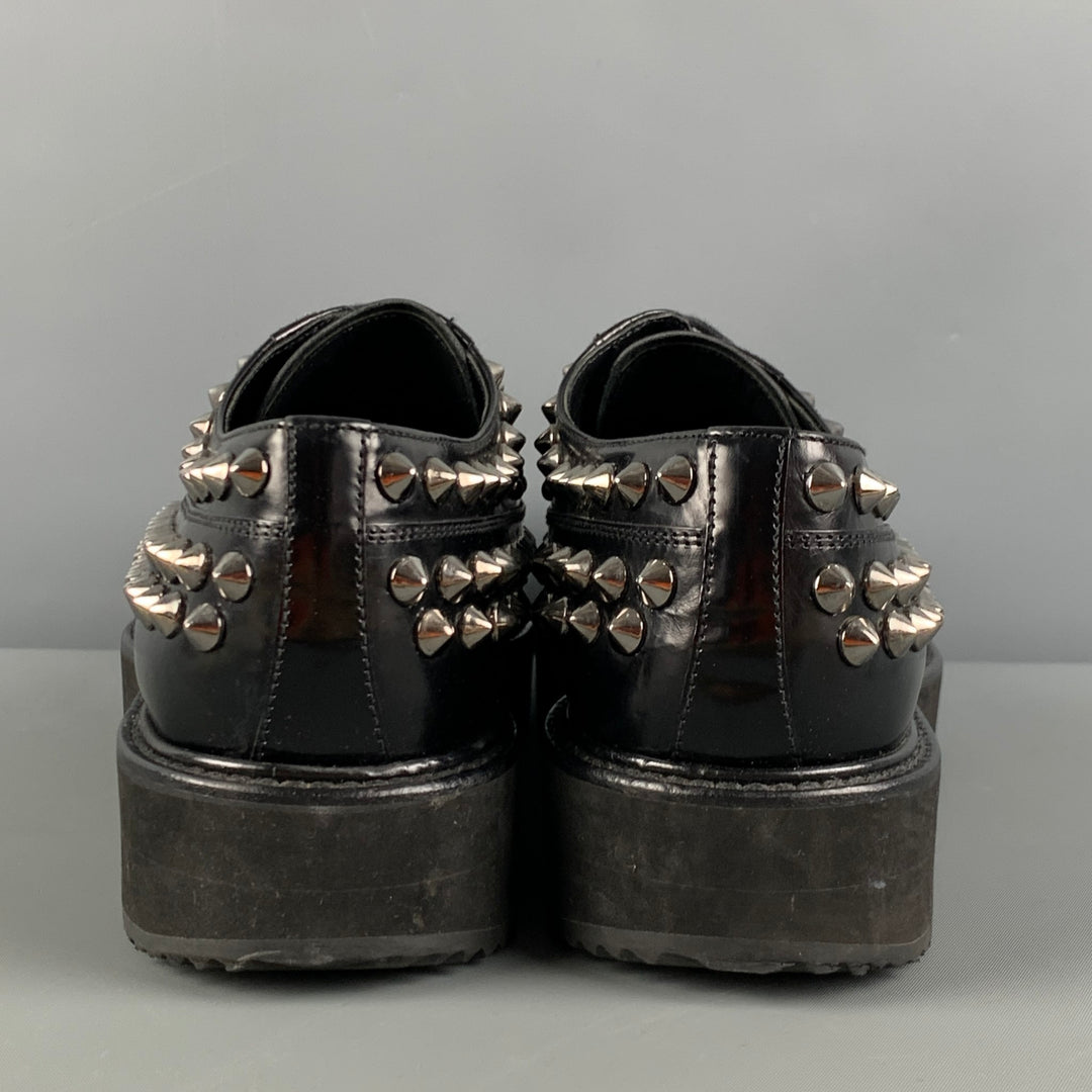 PRADA Size 9 Black Silver Studded Leather Platform Lace-Up Shoes