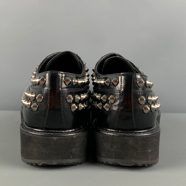 PRADA Size 9 Black Silver Studded Leather Platform Lace-Up Shoes