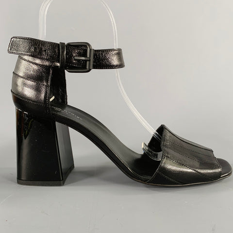 SONIA RYKIEL Size 10 Black Leather Stripe Ankle Strap Sandals