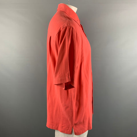 NEIMAN MARCUS Size XL Salmon Solid Silk Button Up Short Sleeve Shirt