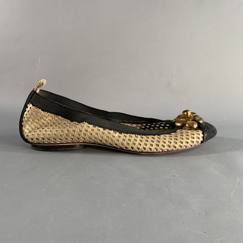 CHANEL Size 10 Gold Black Mesh Textured Ballet Flats