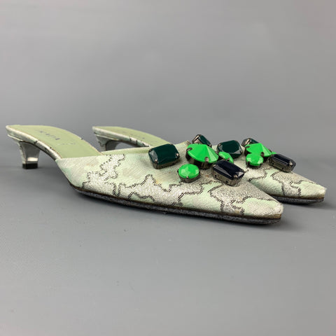 PRADA Size 8.5 Green Embellishments Silk Kitten Heel Pumps
