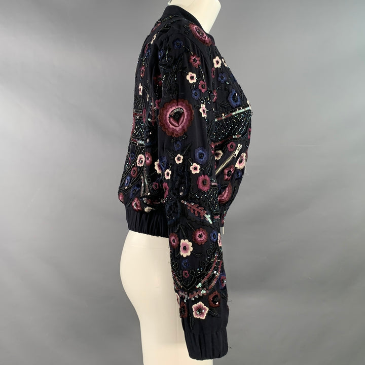 NEEDLE AND THREAD Size 4 Navy Burgundy White Embroidered Floral Bomber Jacket