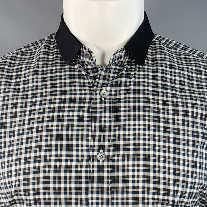 LANVIN Size M Navy Green White Plaid Cotton Contrast Collar Long Sleeve Shirt