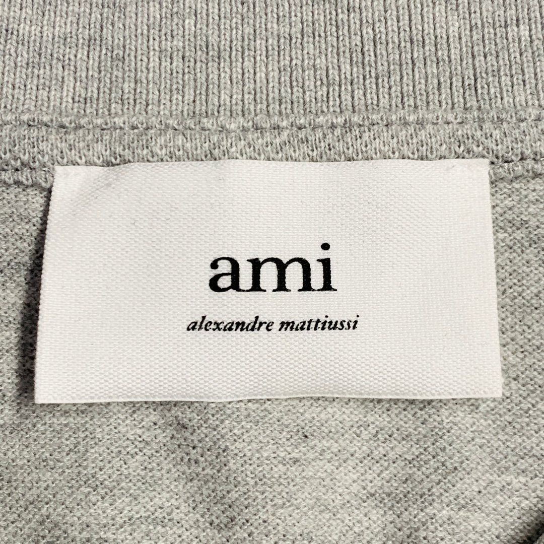 AMI Size L Grey Red Logo Half Placket Polo