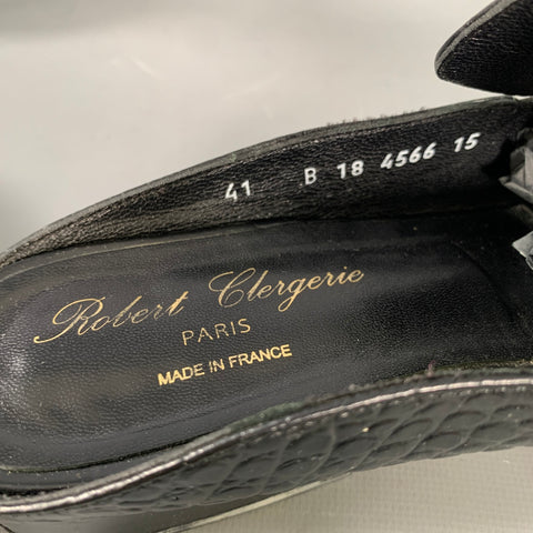 ROBERT CLERGERIE Size 10.5 Black Leather Croc Embossed Embossed Mules Flats