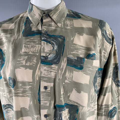 PERRY ELLIS Size L Green Olive Abstract Silk Pointed Collar Long Sleeve Shirt