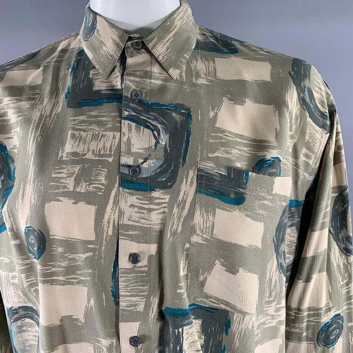 PERRY ELLIS Size L Green Olive Abstract Silk Pointed Collar Long Sleeve Shirt